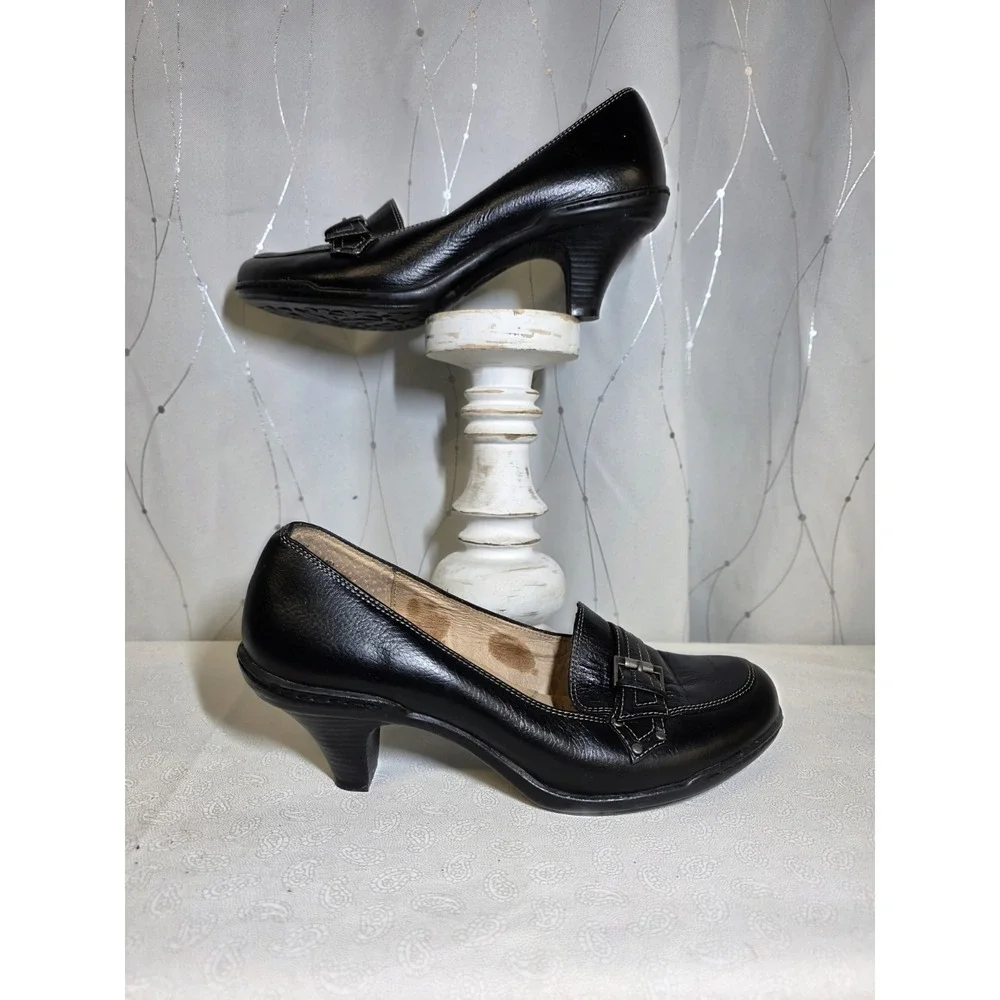 EuroSoft Shoes 9 Black Leather Coquette‎ Retro Buckle Office Classic Jackie O